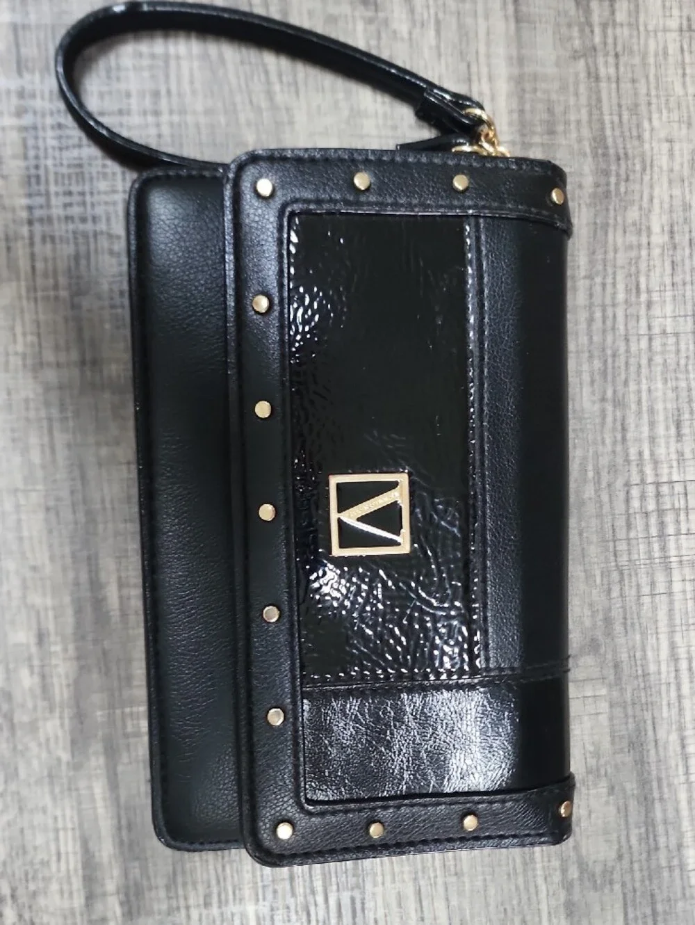 Victorias Secret Black Stud-Trim Wristlet with Gold V Logo